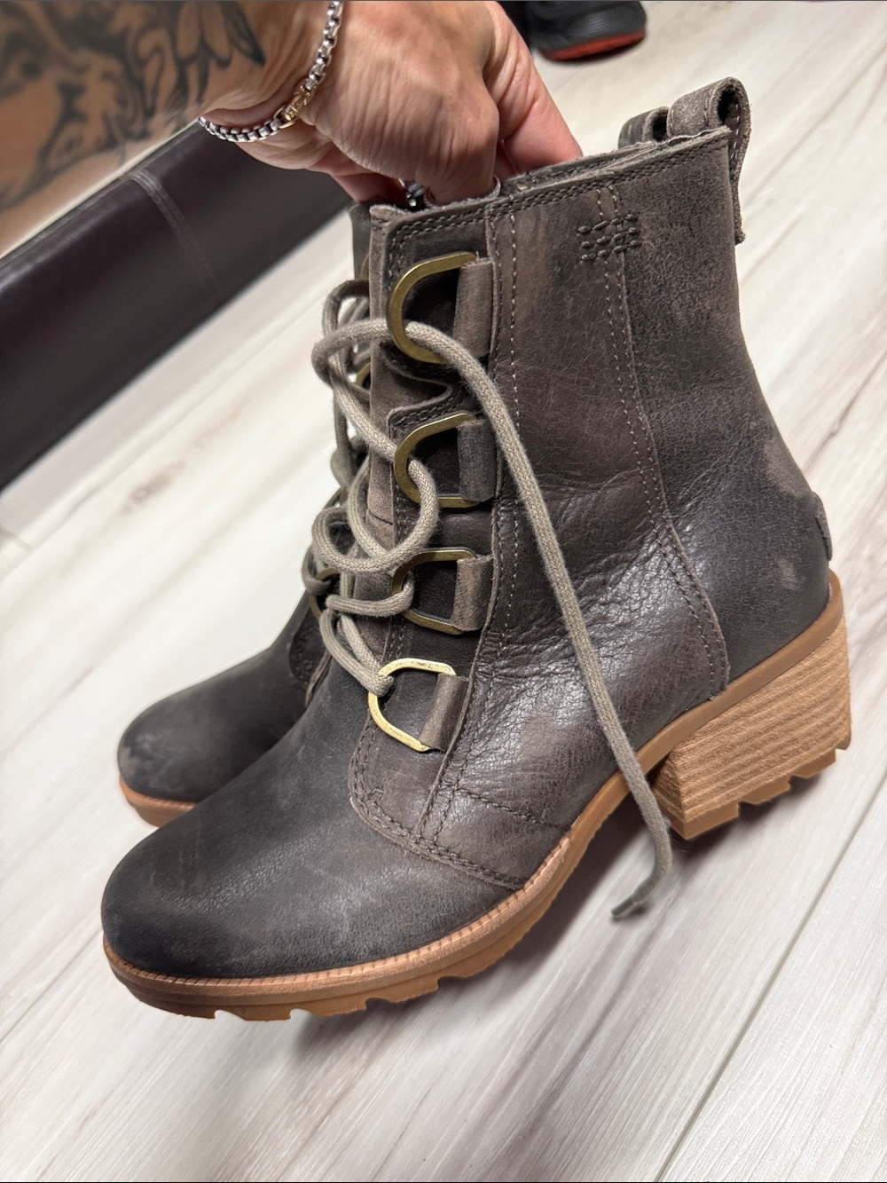 Sorel Gray Lace-Up Leather Ankle Boots